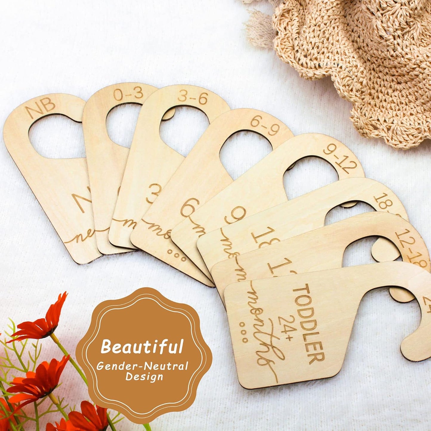 Baby Closet Dividers for Clothes Organizer - Set of 8 Beautiful Wooden Double-Sided Baby Clothes Size Organizer from Newborn to 24 Months for Nursery Decor