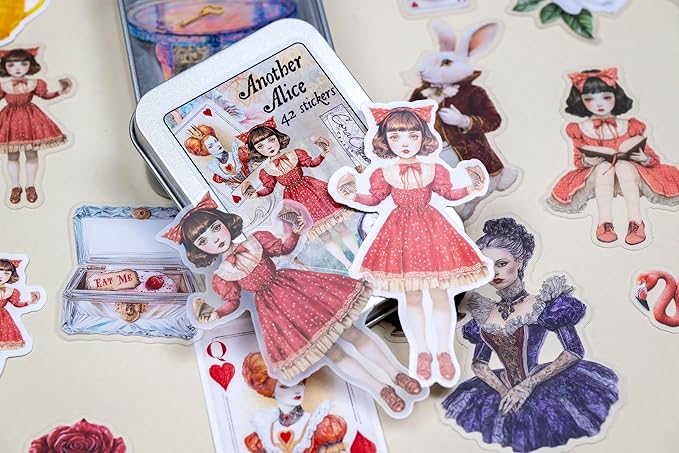 42 Pcs Another Alice Sticker Set with Collectible Tin Box – Vintage Inspired Scrapbooking Stickers for Journals, Planners, Cards, DIY Crafts, Collage, Decorative Stationery & Creative Projects