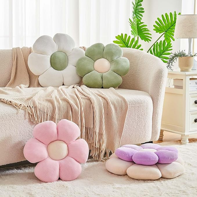 White Flower Pillow, 14.9" Cute Flower Shaped Floor Pillow, Aesthetic Floral Plush Daisy Decorative Throw Pillows for Bed Sofa Couch