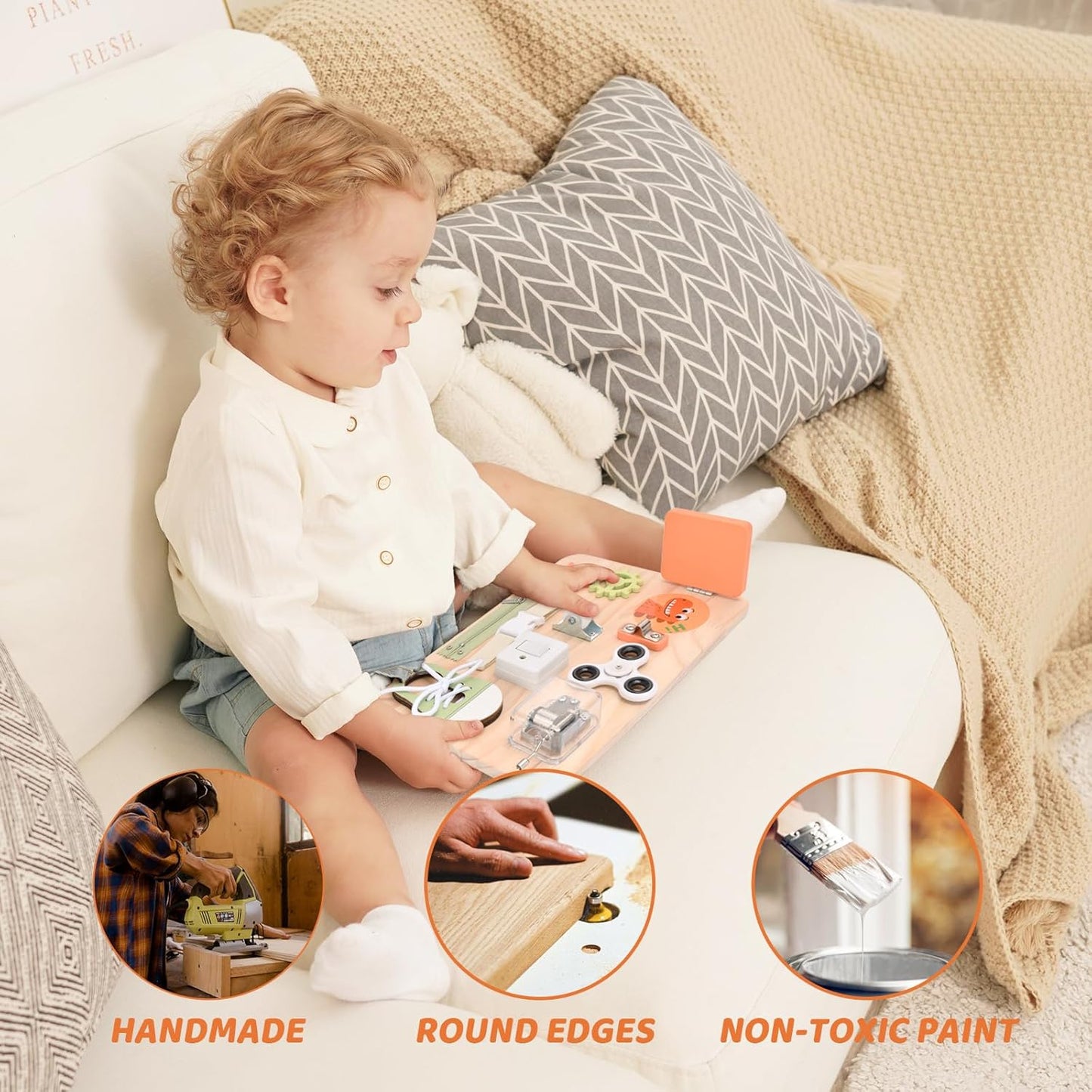 Montessori Toys for Tooddlers- Busy Board for 1 2 3 4 Years - Educational Fidget Toy for Baby - Wooden Sensory Toys for Autistic Children - Preschool Activities - Fine Motor Skills – Travel Toy