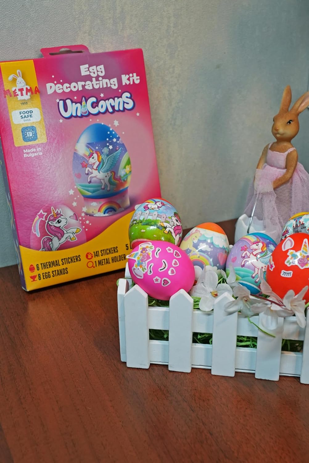 METMA 1999 Egg Decorating Kit Unicorns - Complete Decorative Eggs Set with Liquid Dyes, Stickers, Egg Spinner, and More - Fun Easter Egg Dye Kit Arts and Crafts for Kids