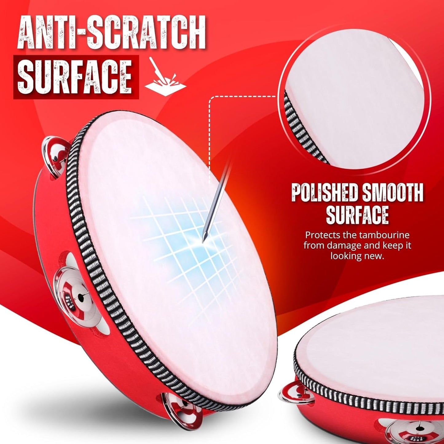 Flexzion Wooden Round Tambourine for Kids and Adults 10" Inch Single Row 8 Pair Jingles, Red Handheld Percussion Instrument for Beginner and Professional Tambourine Player