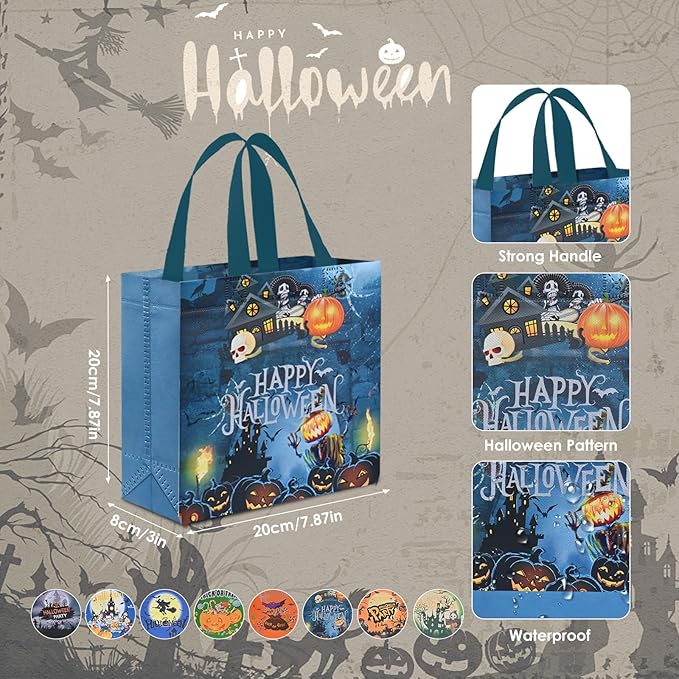 AhfuLife 16 Pcs Halloween Trick or Treat Bags, Candy Tote Bags with Handles, Reusable Non-Woven Gift Bag for Halloween Party Supplies Favors (7.8×7.8×3.1’’)