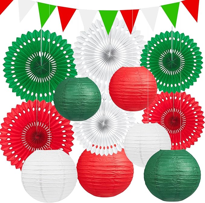 13Pcs Italian Party Decorations, Hanging Red White and Green Paper Lanterns Paper Fans for Birthday Wedding Baby Shower Christmas Mexican Independence Day Italian Themed Party Decorations