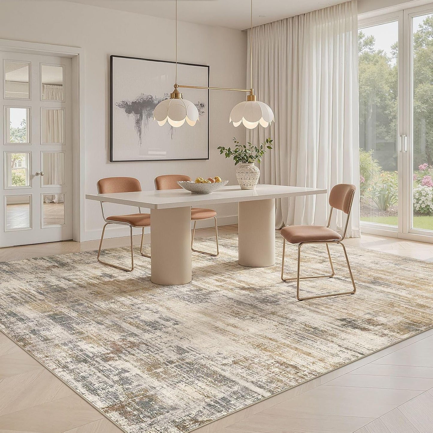 Area Rug for Living Room: 7x9 Washable Neutral Abstract Modern Soft Rugs Non Slip Indoor Floor Stain Resistant Large Carpet for Bedroom Dining Room Office Nursery - Golden Brown