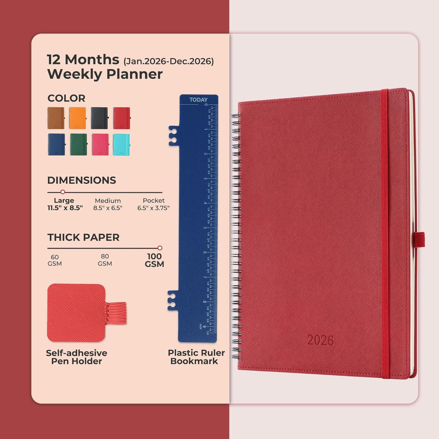 Planner 2026 Daily Weekly and Monthly,11.5"x8.5",12 Months Spiral Bound Calendar Agenda with Self-adhesive Pen Holder,2026 Appointment Book with Vegan Leather Soft Cover,Red