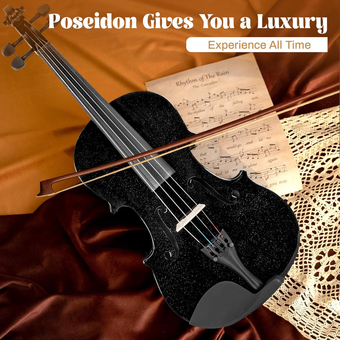 Poseidon 3/4 Violin Size Set for Beginners, Black Violin for Beginner Fiddle Kit with Hard Case, Bow, Rosin, Horse Bridge, Violin Strings 3/4 Full Set, Shoulder Rest, Clip-on Tuner, Manual Instruction