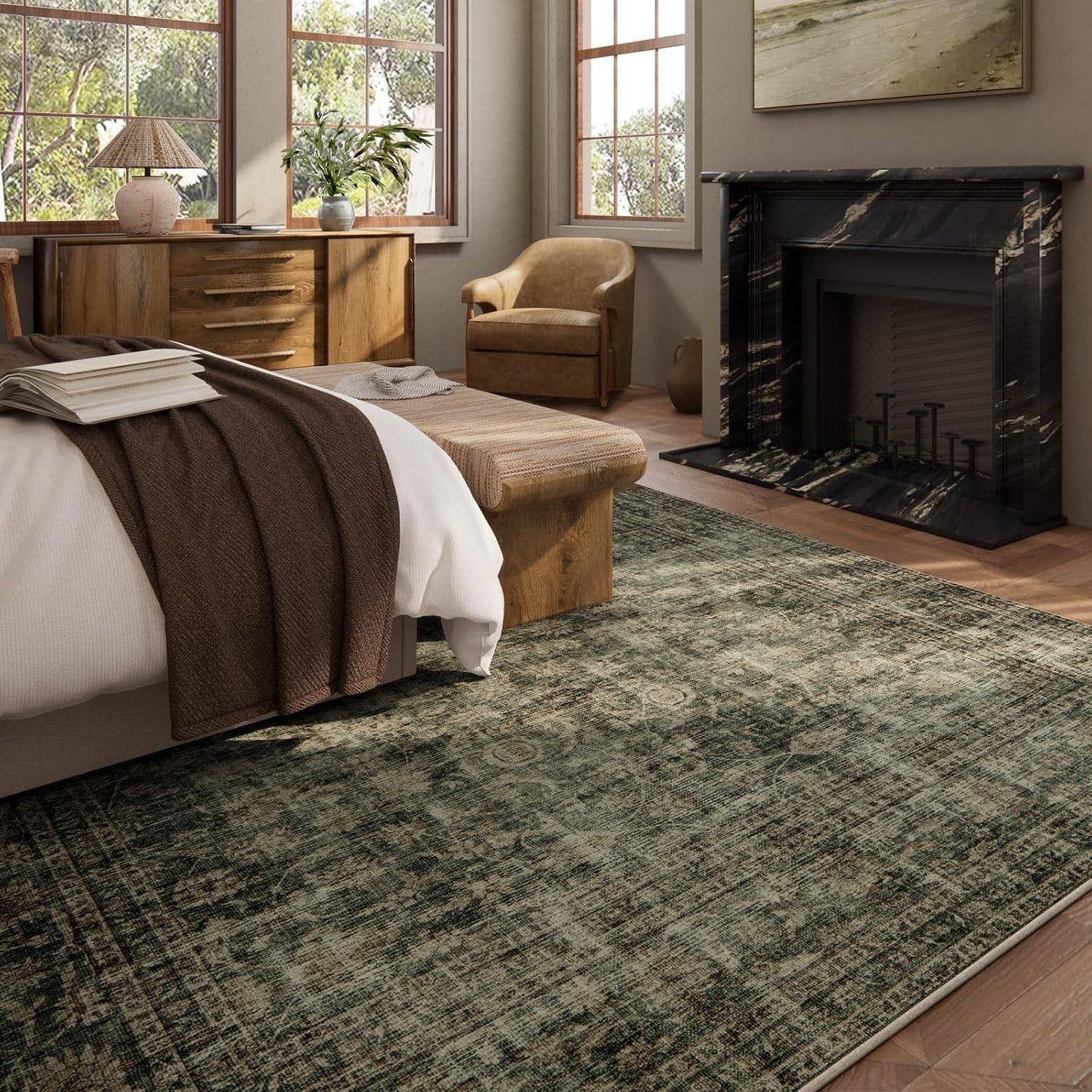 Washable Living Room Area Rug: 10x14 Rugs for Bedroom Vintage Stain Resistant Non Slip Low Pile Large Boho Carpet for Kitchen Dining Room Farmhouse Kids Room Nursery