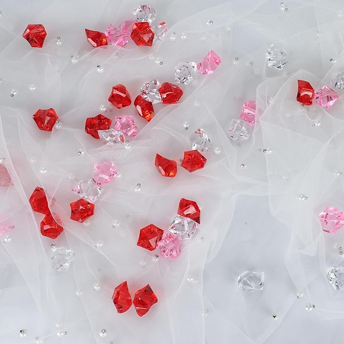 Babenest Acrylic Crushed Ice Rocks, 150 PCS Fake Crystals Plastic Ice Cubes Diamonds Gems for Vase Fillers, Home Decoration, Table Scatter, Event, Wedding, Arts & Crafts(Clear/Pink/Red)