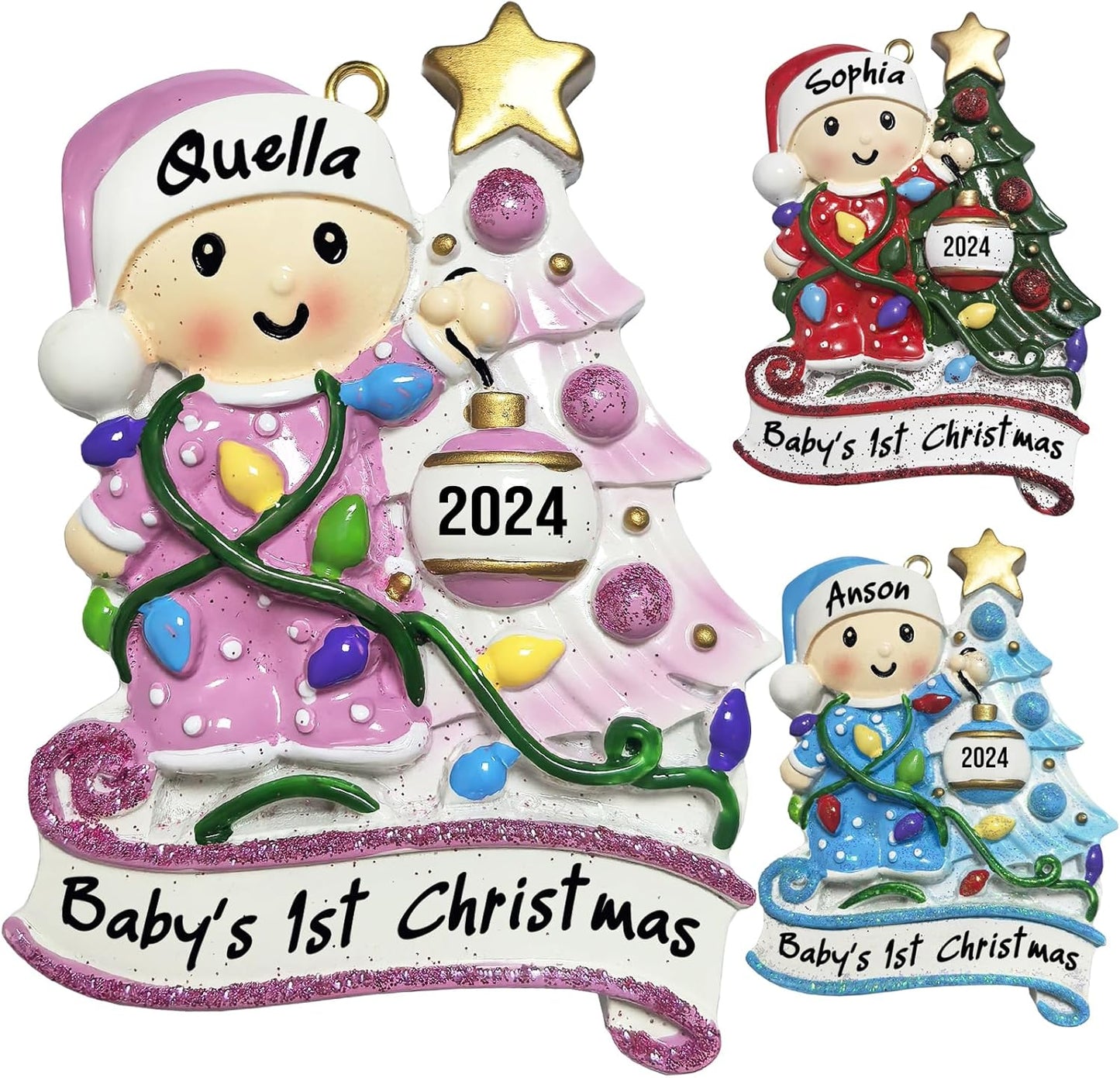 Baby's First Christmas Ornament 2025 Personalized Christmas Ornaments with Name Snow Baby in Stocking with Snowflake Custom Tree Ornament Decorations Ornaments,Pink