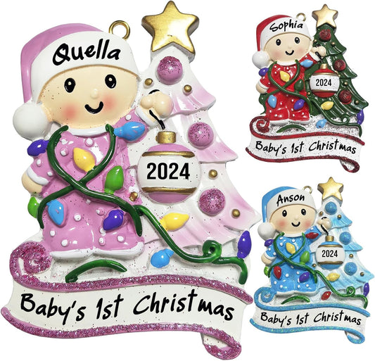 Baby's First Christmas Ornament 2025 Personalized Christmas Ornaments with Name Snow Baby in Stocking with Snowflake Custom Tree Ornament Decorations Ornaments,Pink