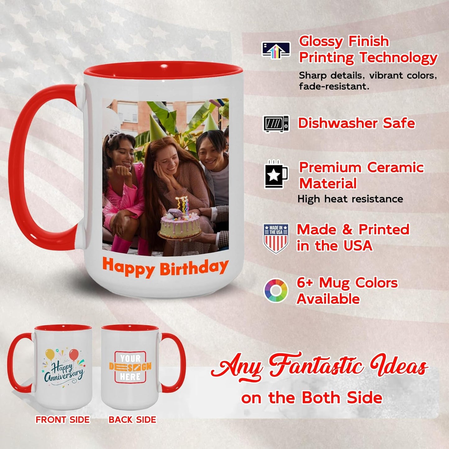 Custom Mug Upload Your Picture Personalized Coffee Mug with Photo Text Name Customized Cup Unique Ideas Gifts for Men Women Mom Dad Girlfriend Boyfriend Friend Family (Red, 15oz)