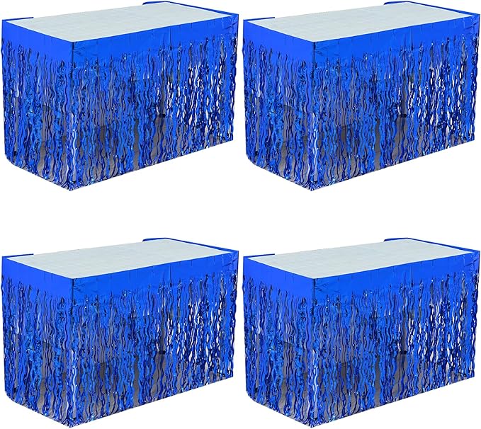 4P Wavy Metallic Tinsel Foil Fringe Table Skirts for Rectangle Tables Backdrop Garland Curtains for Parade Floats Wedding Birthday Parties Decoration Graduation 2025 Christmas (Blue)