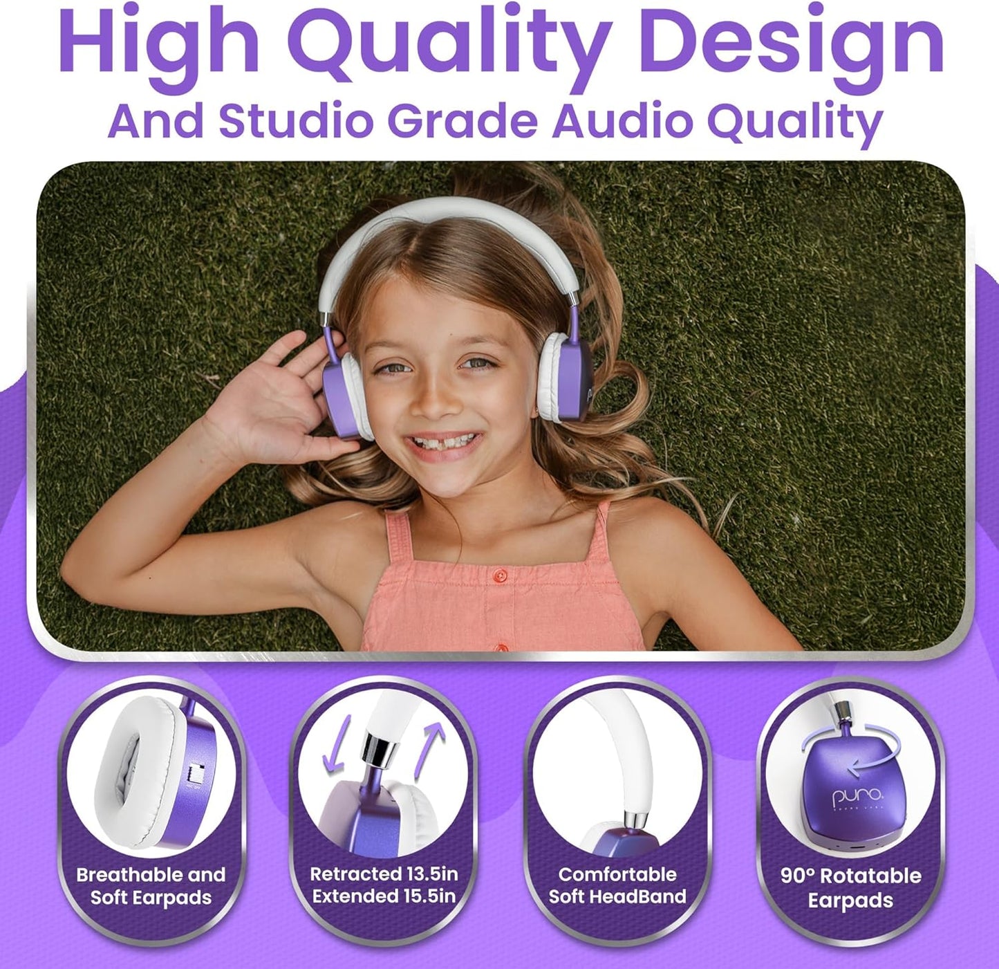 Puro Sound Labs PuroQuiet Plus Kids Noise Cancelling Headphones, Bluetooth Kids On Ear Headphones with Mic, Lightweight On-Ear Design, Studio-Grade Sound (Purple)