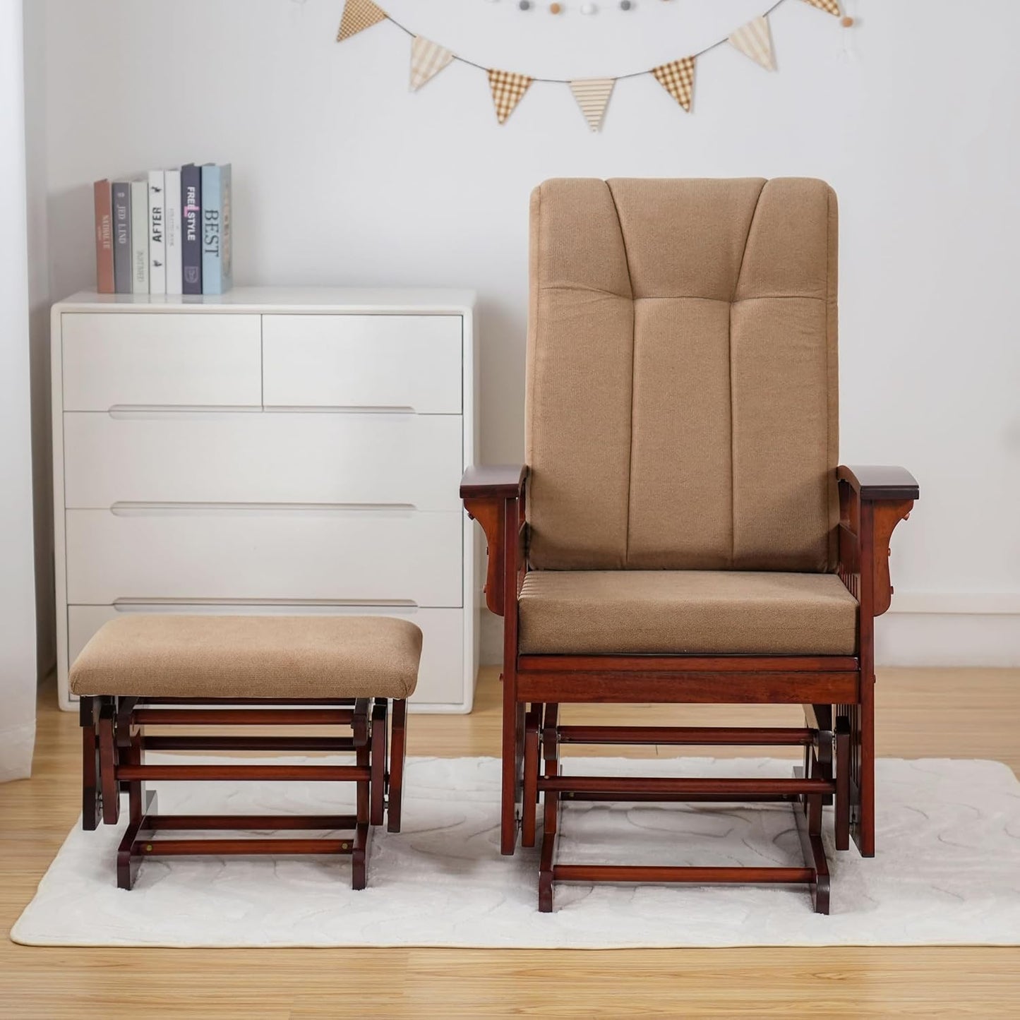 Glider Rocking Chair Nursery with Ottoman Smooth Rocking Motion, Easy to Assemble, Solid Hardwood Base Indoor Adult (Brown)