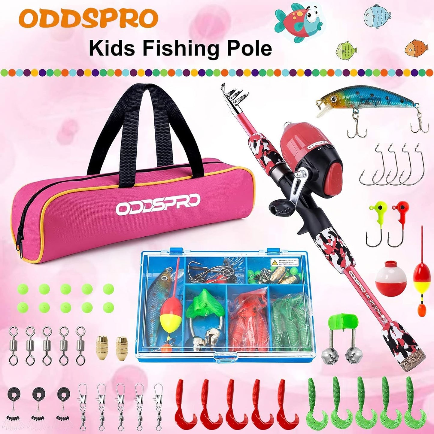 ODDSPRO Kids Fishing Pole Pink, Portable Telescopic Fishing Rod and Reel Combo Kit - with Spincast Fishing Reel Tackle Box for Girls, Youth