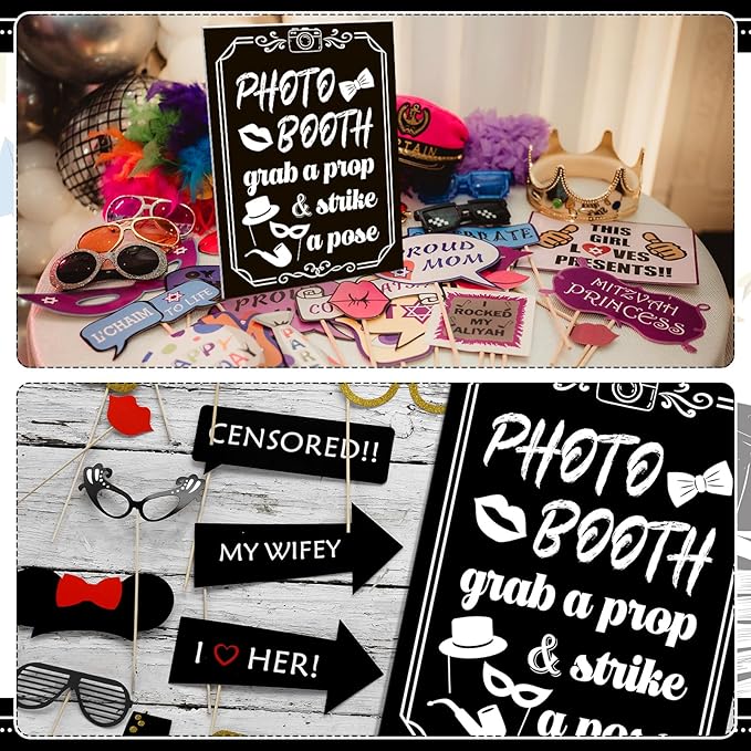 Photo Booth Sign with Stand Retro Background Table for Indoor and Outdoor Party Theme Event Photography Props Desktop Decoration Supplies