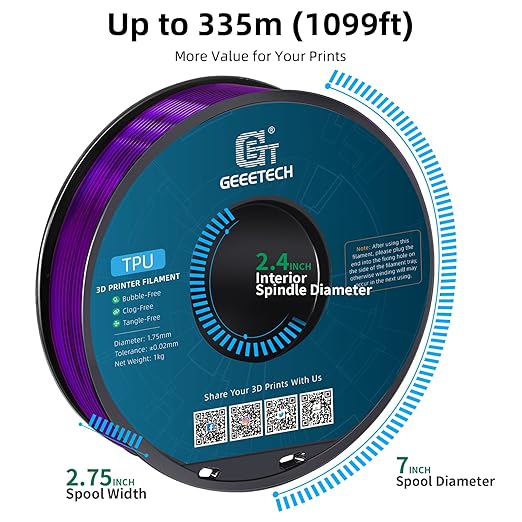 Geeetech TPU Filament 1.75mm, Shore 95A Flexible 3D Printer Filament with High Elasticity, 1KG (2.2lbs) Spool, Dimensional Accuracy ±0.03mm, Fits Most FDM Printers (Clear Purple)