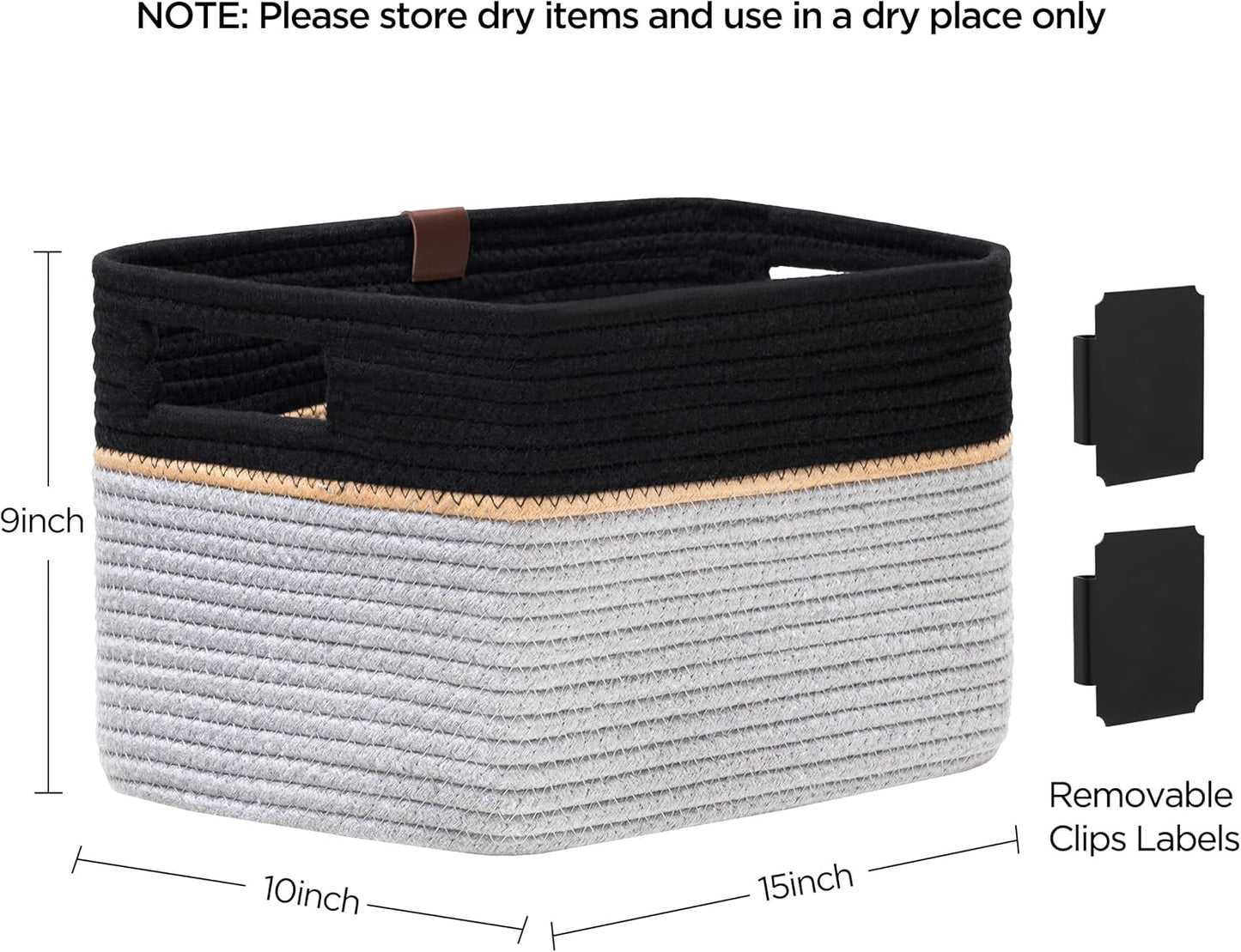 UBBCARE 2 Pack Baskets for Organizing, Woven Storage Baskets with Label for Toys and Towel, Rectangle Cotton Rope Basket with Handles, 15''L x10''W x9''H, Black&Grey