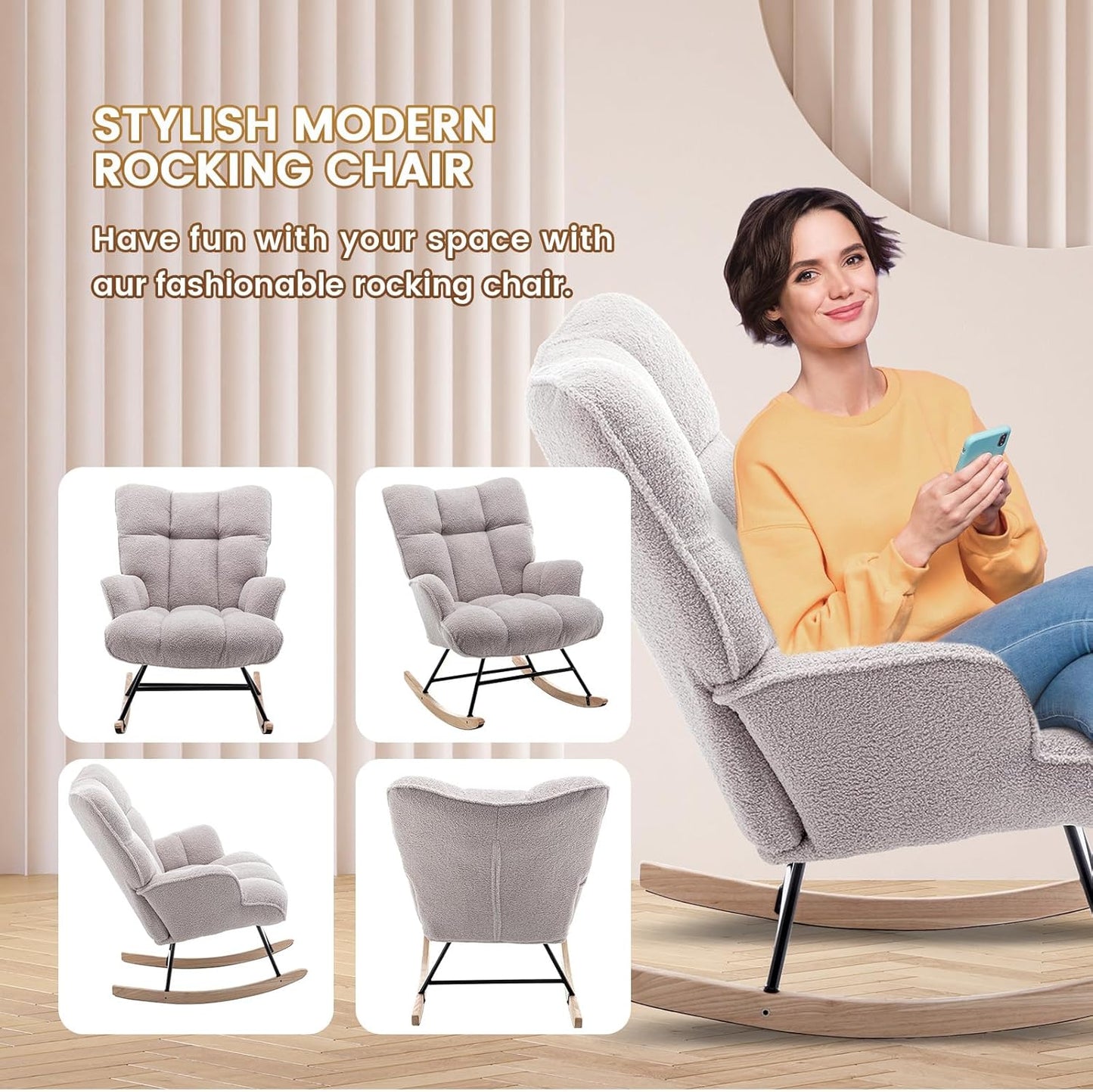 Rocking Chair Nursery Teddy Upholstered Glider Rocker Rocking Accent Chair Padded Seat with High Backrest Armchair Comfy Side Chair for Living Room Bedroom Offices (Grey Teddy)