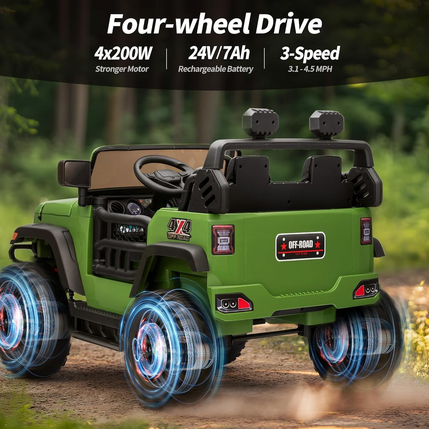 2 Seater Ride on Toy Car for Kids, 24V 4WD Ride-on Truck Kids Electric Car with Remote Control, 4x200W Motors - Army Green