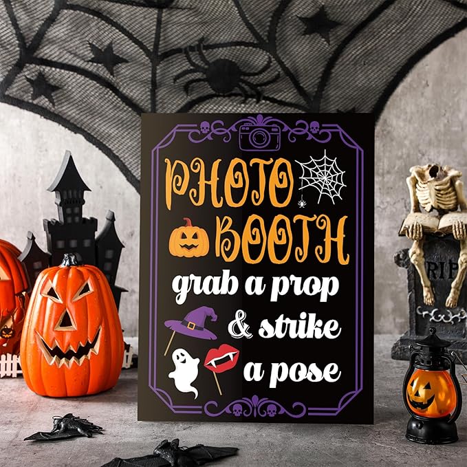 Photo Booth Sign with Stand Retro Background Table for Halloween Indoor and Outdoor Party Theme Event Photography Props Desktop Decoration Supplies