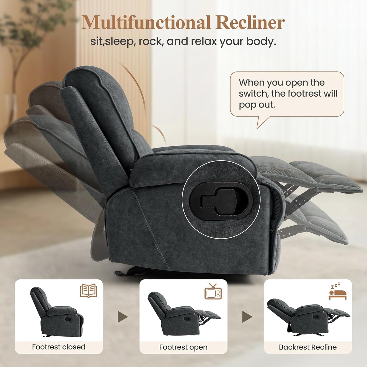 Nursery Rocking Chairs,Velvet Rocker Recliner Nursing Chair,Oversized Nursery Recliner Glider Chair with Extra Wide Footrest for Breastfeeding,Dark Grey