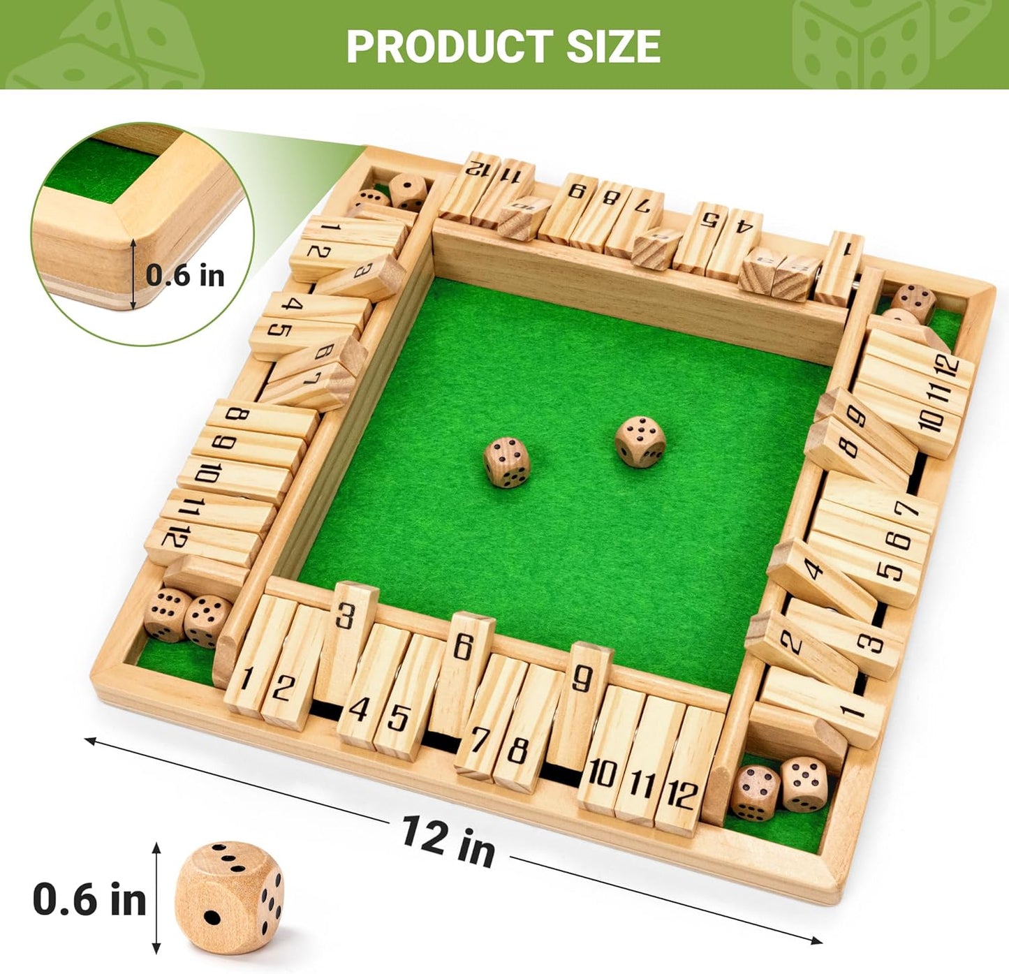 ropoda Shut The Box Game, Upgraded 12 Numbers Wooden Board Games for Adult and Kids, Shut The Box Dice Game -Addition Training, Fun for Family Game Night