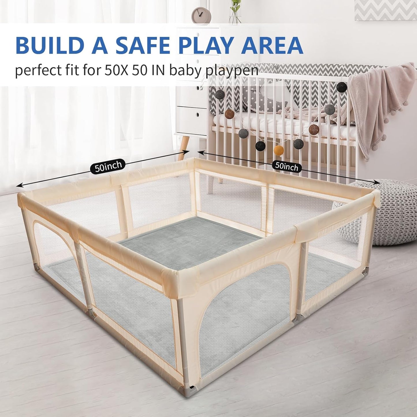 Baby Play Mat for Floor,1.3" Thick Elasti-Foam 50x50 Playpen Mat for Toddlers Infant Kids,Water-Repellent Soft Coral Velvet Tummy Time Mat,Non Slip Crawling Mat,Tatami Mat(Light Grey)