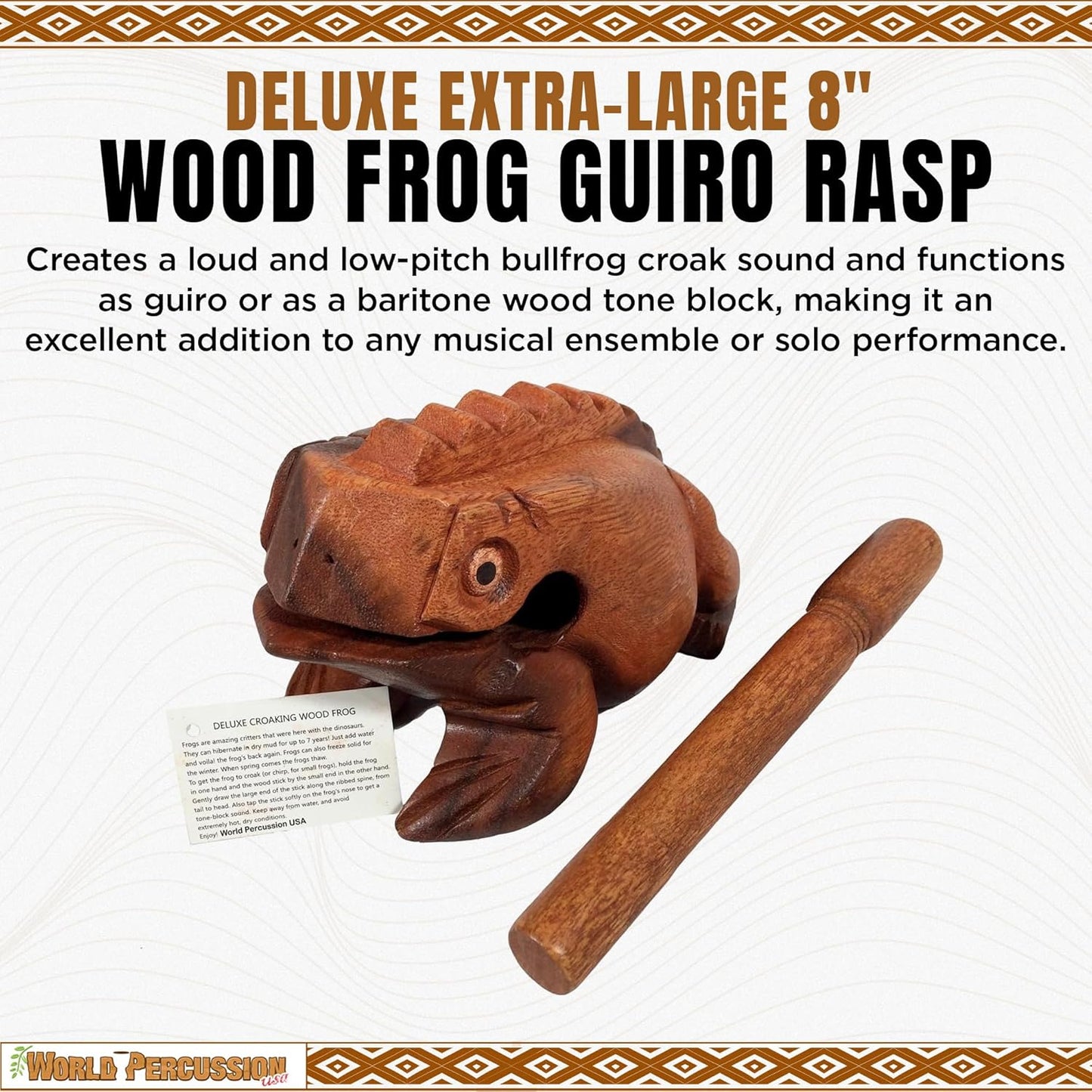 Deluxe Extra-Large 8" Wood Frog Guiro Rasp - Percussion Musical Instrument Tone Block - Wooden Instrument with Stick, Noise Maker by World Percussion USA
