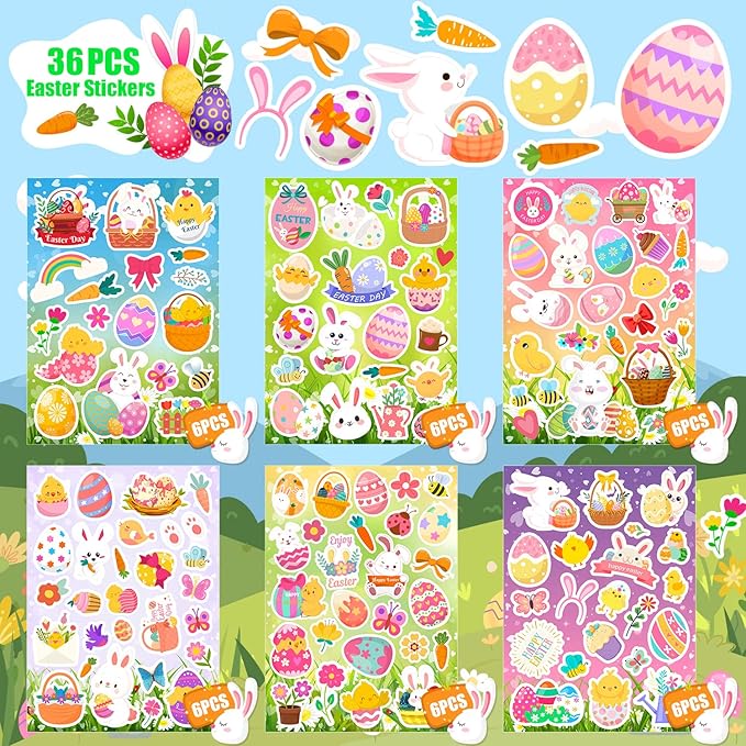 36 Sheets Easter Stickers, Easter Stickers for Kids, Easter Egg Stickers Bunny Stickers for Kids Easter Egg Decorating Party Favors Treats, Crafts, Basket Stuffers,Goodie Bag Fillers