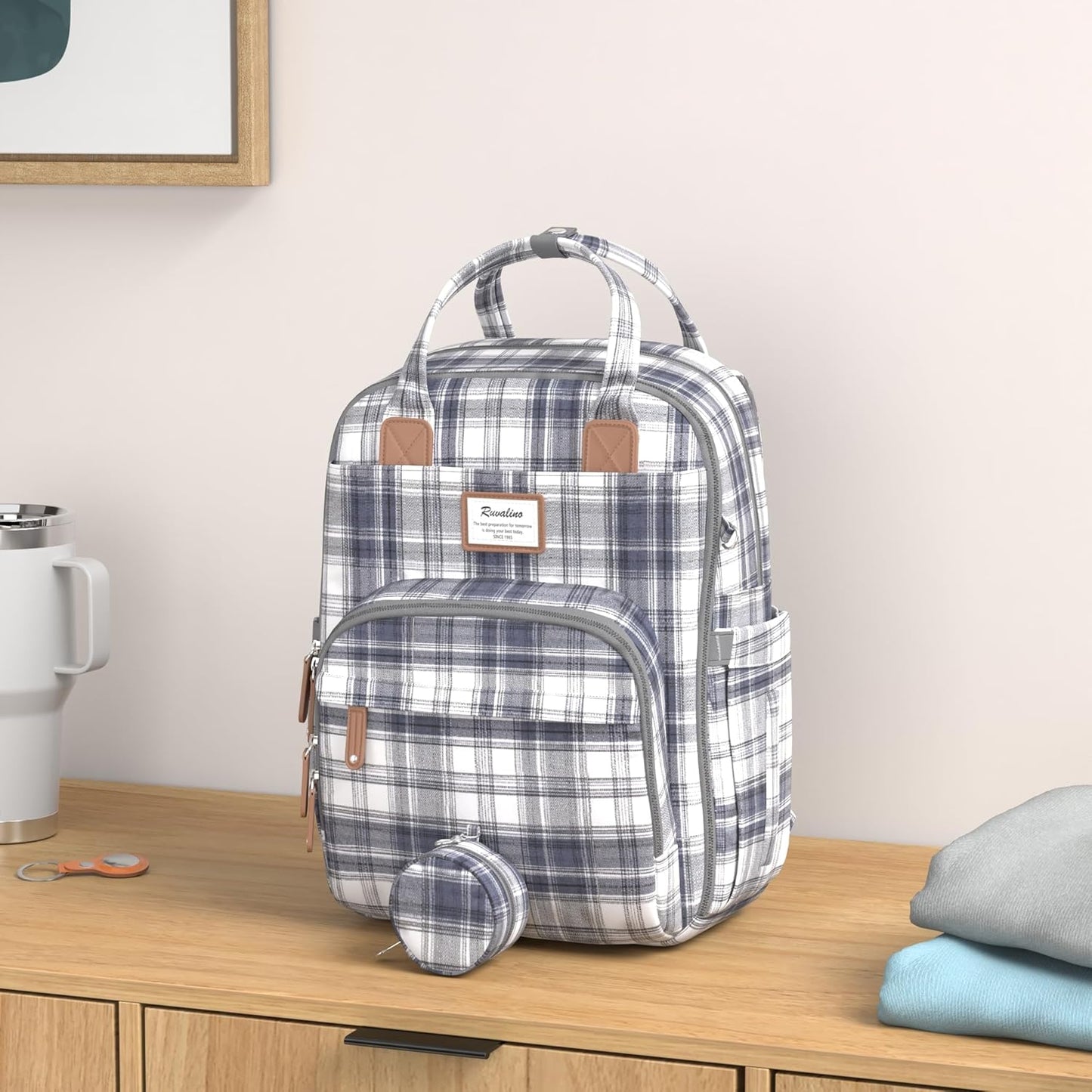 RUVALINO Diaper Bag Backpack, Multifunction Travel Pack Maternity Baby Changing Bags, Large Capacity, Waterproof, Blue Plaid