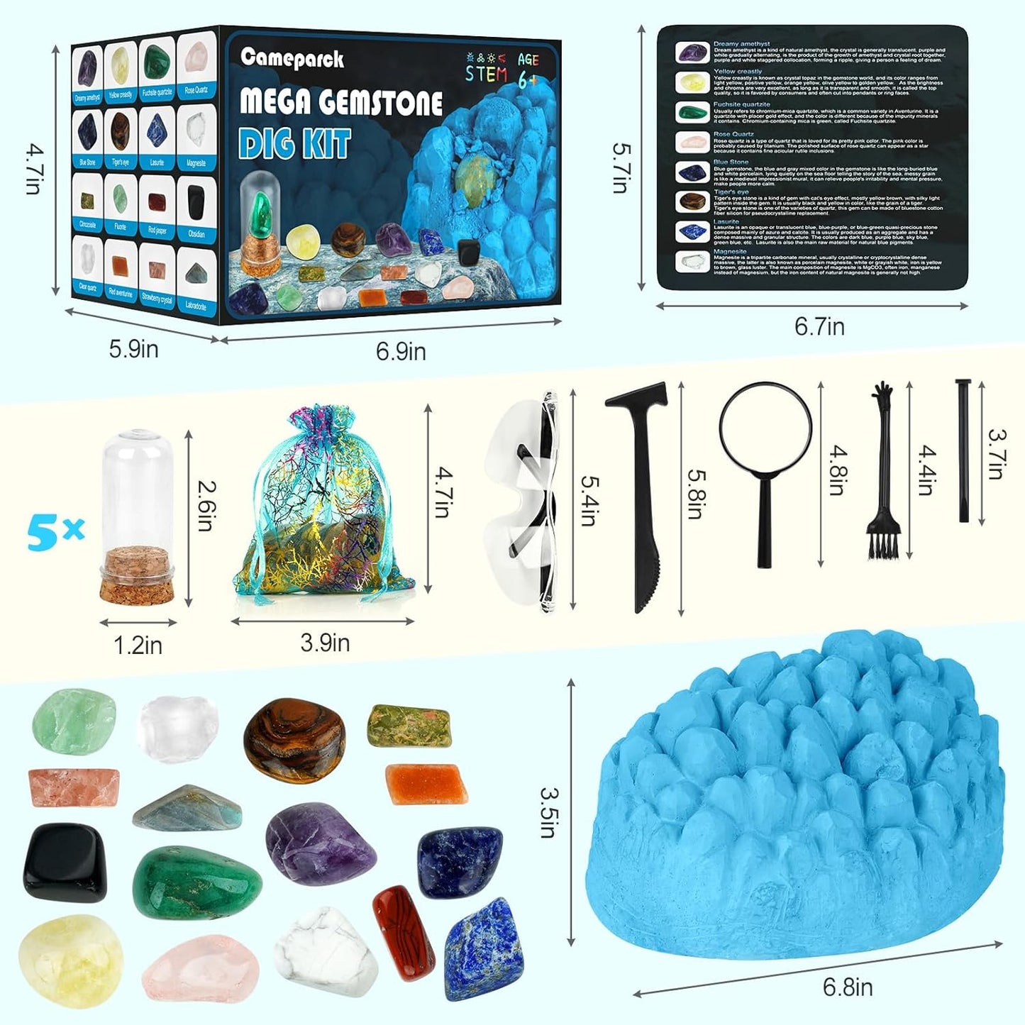 Gemstone Dig Kit (Unique Shape),Great STEM Science Kit for Kids- Excavate Your Own 16 Real Gemstones,Educational DIY Toys,Gem Digging Kit,Archaeology Geology Gifts for Boys & Girls Ages 6+
