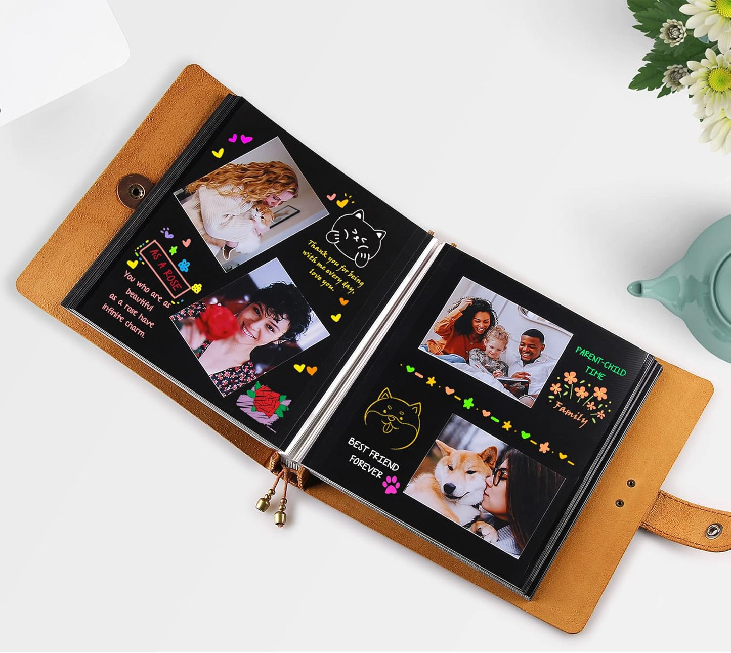 Robrasim Brown Leather Self-Adhesive Photo Album, 9.6x9.6x1.3 in, Holds 3x5, 4x6, 5x7, 6x8 Photos