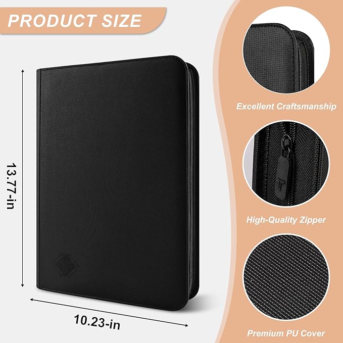 Zip MTG Card Binder with 432 Side Loading Pocket - fits TCG Baseball Football Sports Cards - Easy to Insert Collection Binder - Black