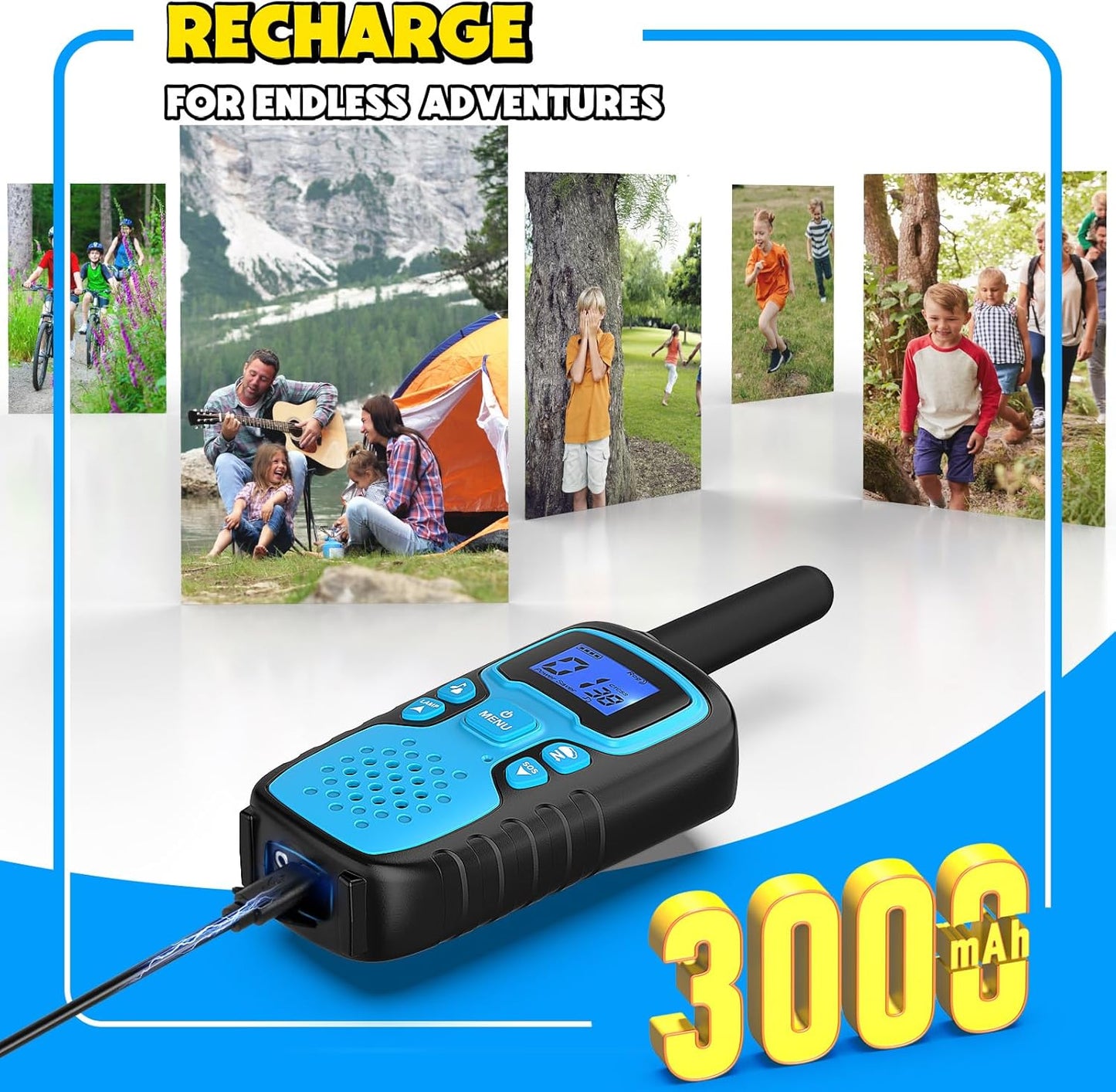 Wishouse Walkie Talkies for Kids Rechargeable Long Range,Xmas Birthday Gift for 4 5 6 7 8 9 Year Old Boys Girls,Hiking Gear Camping Games Cool Toys with NOAA,SOS Siren,Lamp,Lanyards,Easy to Use,4 Pack