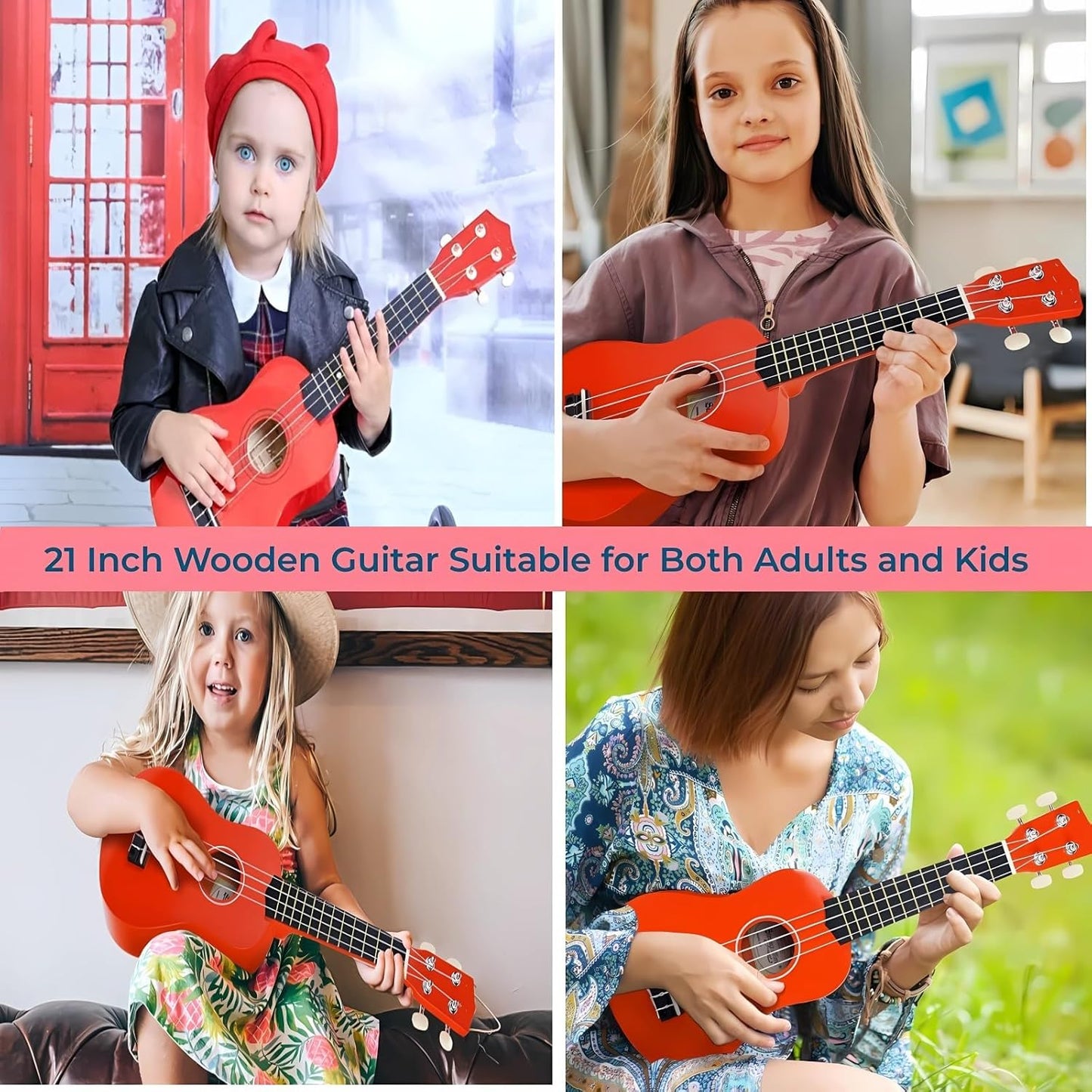 21 Inch Wooden Kids Toddler Child Children Acoustic Guitar Musical Instruments Ideal for 3-9 Year Old Boys Girls Gifts (Red)