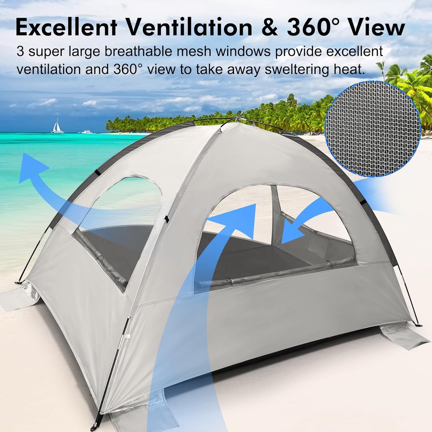 WhiteFang Beach Tent Anti-UV Portable Sun Shade Shelter for 3/4/6/8 Person, Extendable Floor with 3 Ventilating Mesh Windows Plus Carrying Bag, Stakes and Guy Lines
