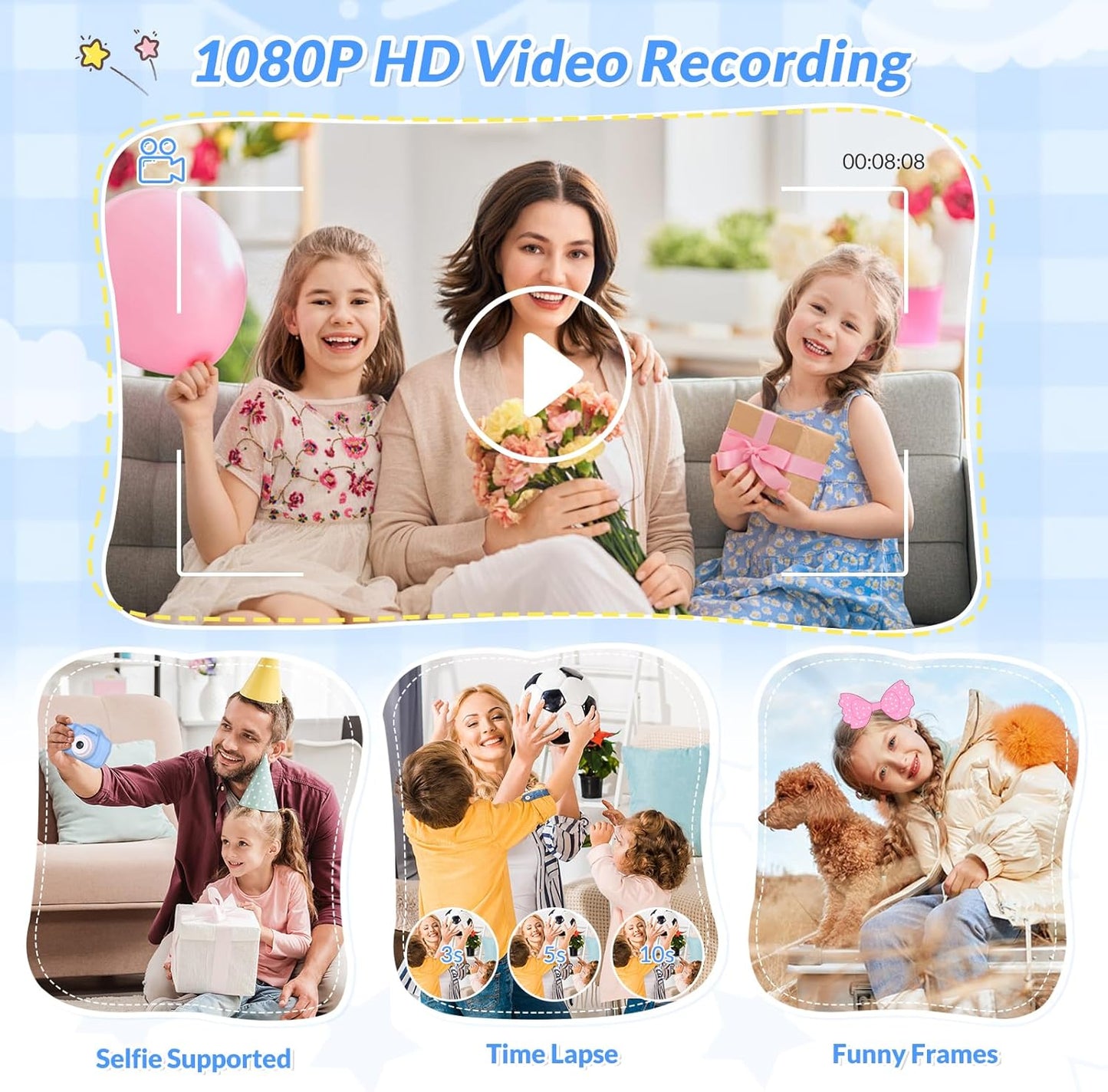 Mafiti Kids Camera,26MP HD Mini Selfie Digital Camera for Kids,Toddler Camera1080P Video,Outdoor Toy for Holiday,Birthday Xmas Gift for 3-8 Years Old Girl Boy,Blue