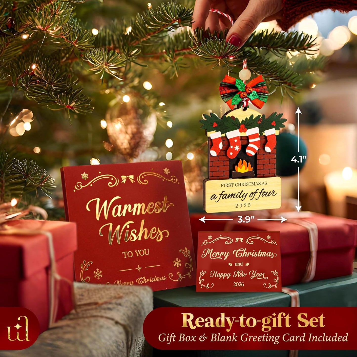 Family of 4 Christmas Ornament 2025 - First Christmas As A Family of Four Ornament, Unique New Parents Gifts Baby First Ornaments for Xmas Tree Decorations