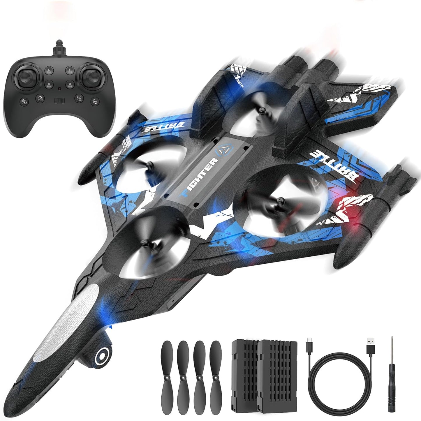 BEZGAR Drones for Kids | 2.4GHZ RC Plane, Remote Control Airplane, RC Helicopter, 360° Flip Fighter Jet Toy with Colorful LED Navigation Lights Blue, Toys for ages 8-13