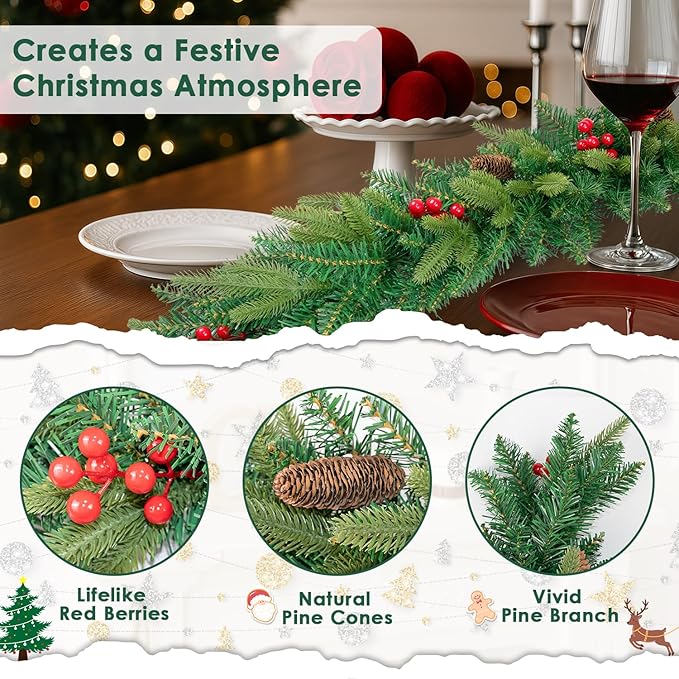 6FT Christmas Garland Artificial Norfolk Pine Tree Greenery, Cedar Cypress with Red Berries Pine Cones, Realistic Winter Holiday Mantel Fireplace Door Table Decor, Indoor Outdoor