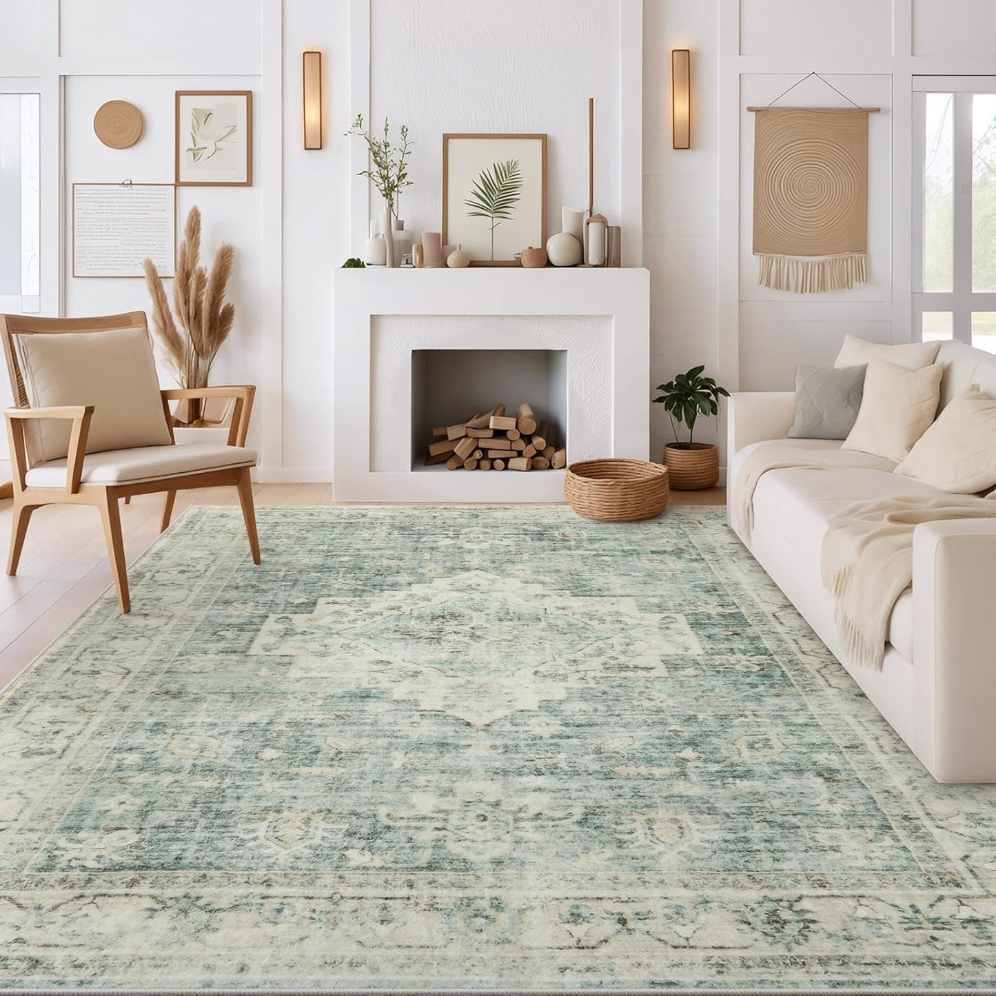 LIVEBOX Washable Area Rug 10x14 Rugs for Living Room Bedroom, Non-Slip Boho Indoor Carpet for Dining Room Office, Low-Pile Farmhouse Soft Carpets for Kids Nursery Playroom, Sage Green