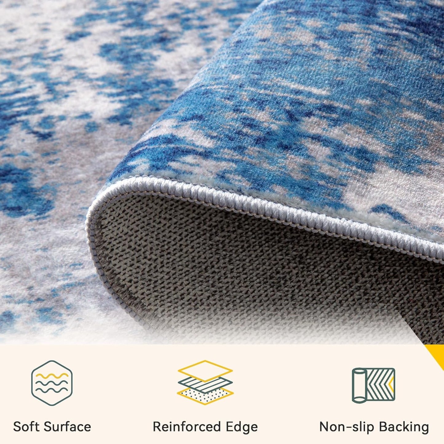 Washable Area Rugs 4'x6' Non-Slip Modern Abstract Soft for Living Room Entryway Bedroom Nursery, Print Pattern, Blue Grey Navy Gray