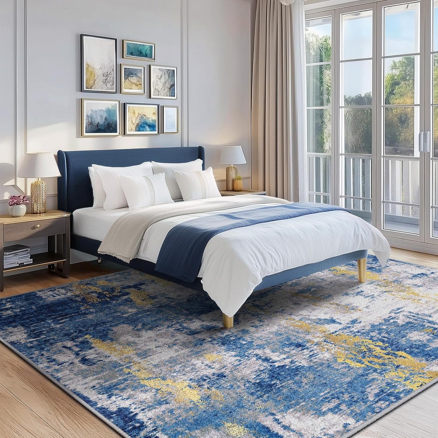 Washable Area Rugs 6'x9' Non-Slip Modern Abstract Soft for Living Room Entryway Bedroom Nursery, Print Pattern, Grey Blue Gold/Golden