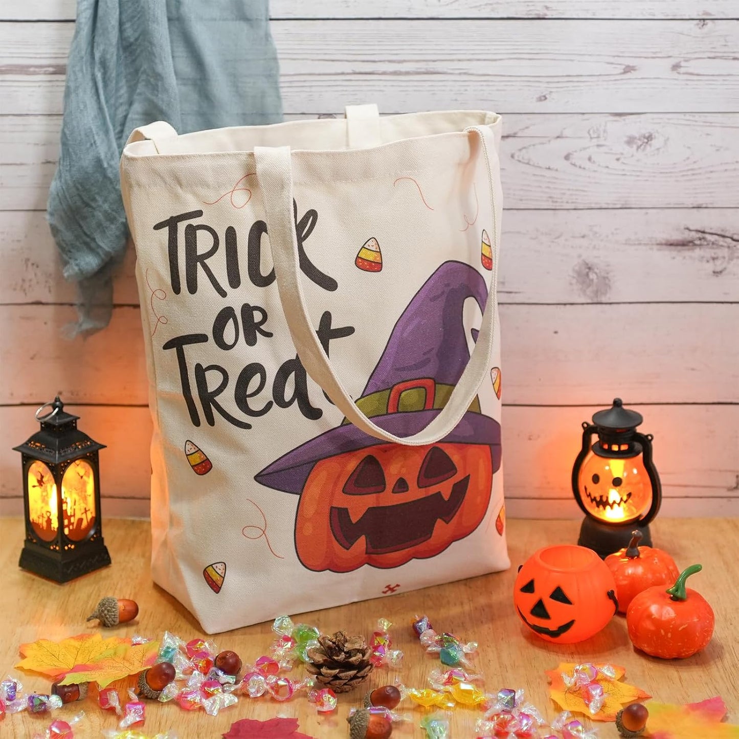 ATFUNSHOP 13.8" Large Halloween Tote Bag Trick or Treat 3 Pack Canvas Reusable Large Bucket with Handle for Kids