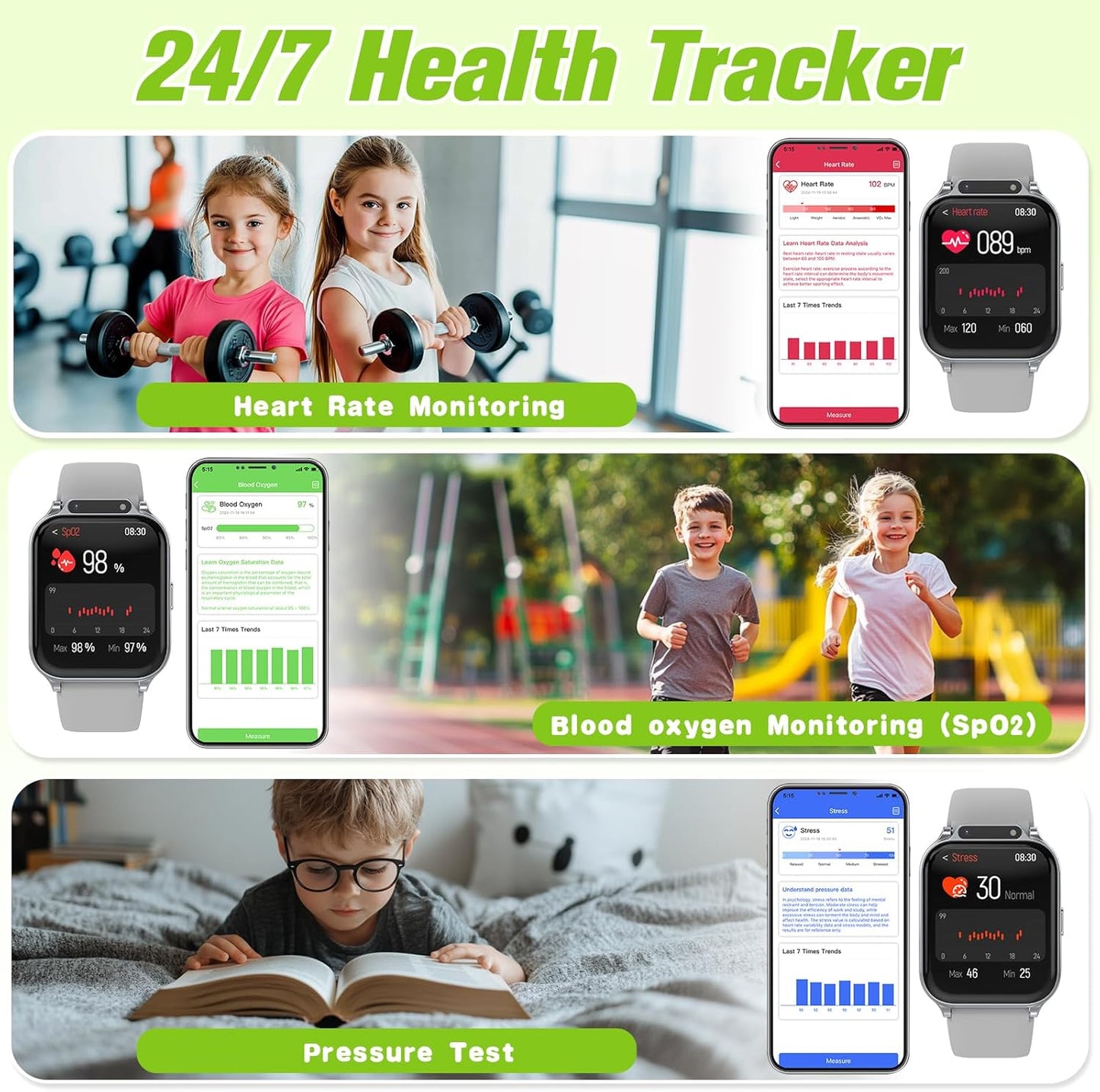 Smart Watch for Kids 1.85" with Fitness Tracker, Sleep Monitor, 22/100+ Sport Modes, DIY Dial, IP68 Waterproof, Step Counter, Heart Rate, Camera, with/Without APP, Gift for 3-12 Years Old Boys Girls