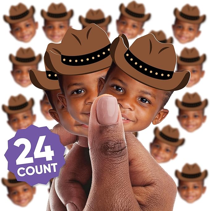 Big Dot of Happiness Custom Photo Western Hoedown - Wild West Cowboy Hat Personalized Rodeo Party DIY Shaped Fun Face Cut-Outs - 24 Count