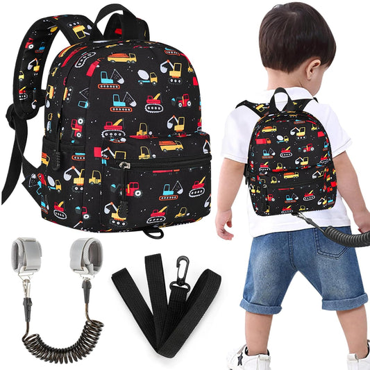 Accmor Toddler Backpack Harness with Leash, Cute Baby Backpacks with Anti Lost Wrist Link, Mini Kids Backpack Tether Walking Harness for Travel Outdoor, Black Excavator Backpack Tether for Boys Girls