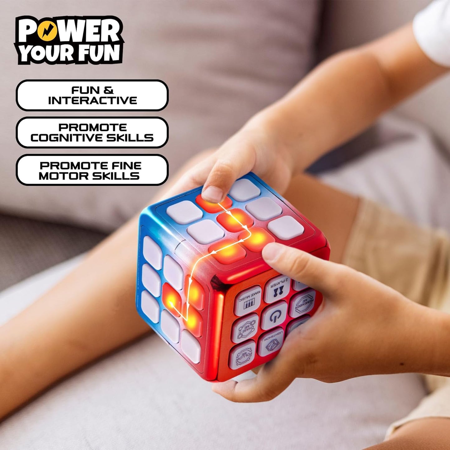 Power Your Fun Cubik LED Flashing Cube Memory Game - Electronic Handheld Game STEM Toy, 5 Brain Memory Games for Kids Brain Play Sensory Toys Puzzle Fidget Toy Light Up Cube (Metallic Red/Blue)